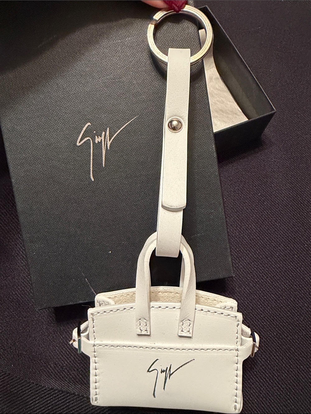 Giuseppe Zanotti White Mini Leather Bag Keychain with Silver Hardware
